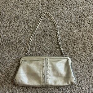 Michael Kors Silver Metallic Mini Wristlet Clutch Phone Case Chain Purse Formal